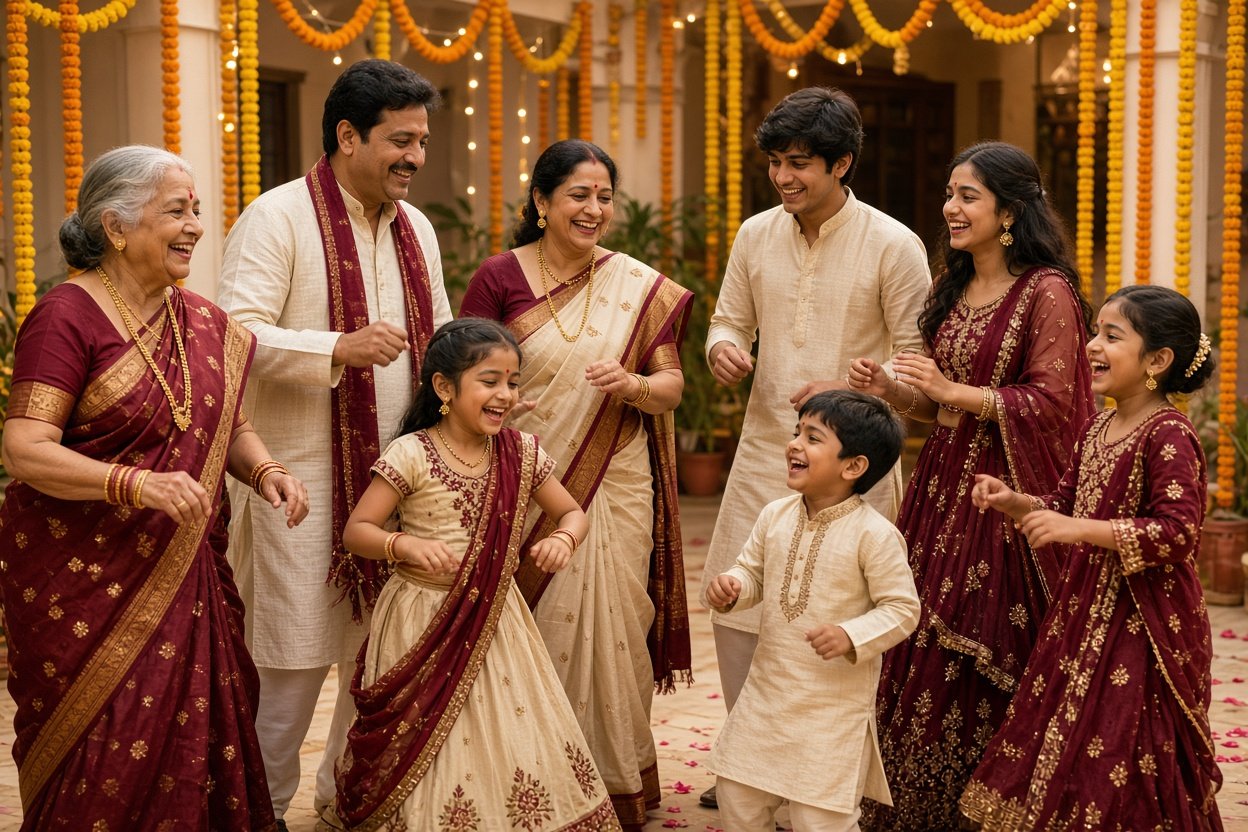 Indian extended family of different ages dancing together during a festive celebration