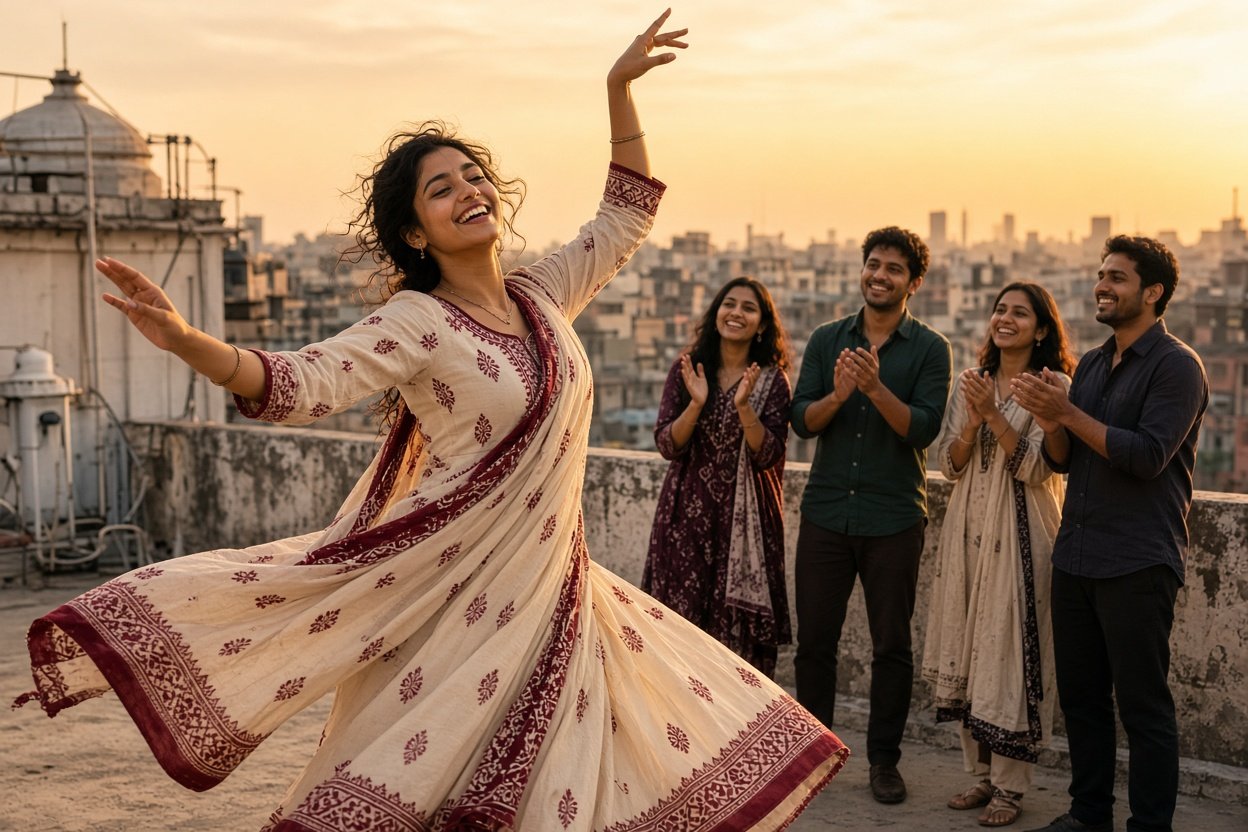Young Indian woman dancing freely at golden hour while friends watch