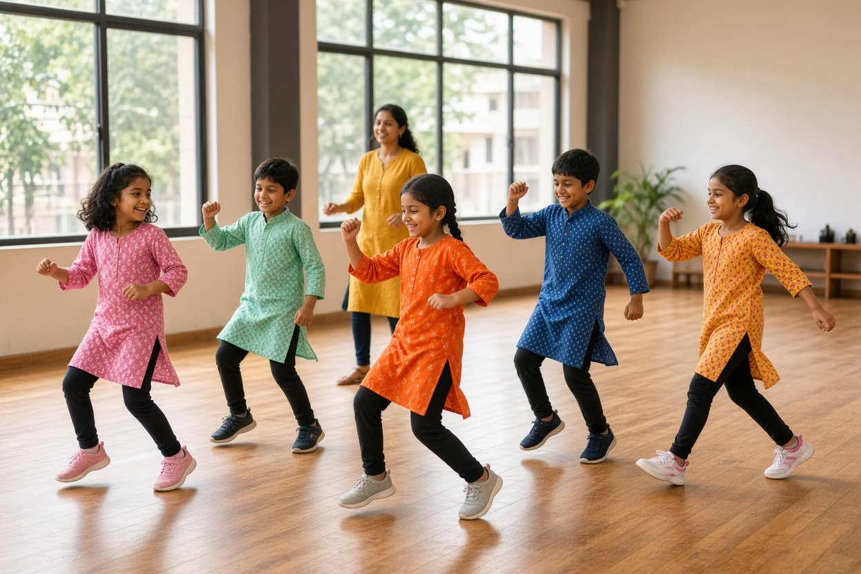 Indian children practising dance moves with an instructor in a bright dance studio